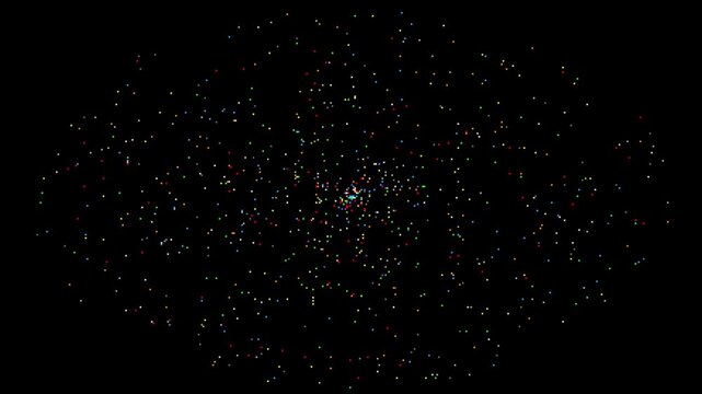 Pixelated multi colored particle lights spinning animation on black background