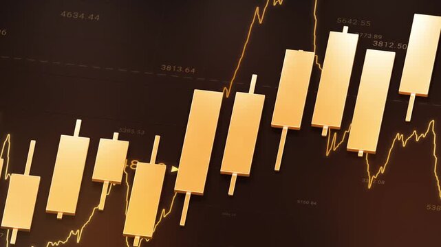 Golden candlestick bar floating with technical line chart, gold trading investment strategy, bullrish commodities market price trend graph, uptrend financial economic growth profit 3d rendering