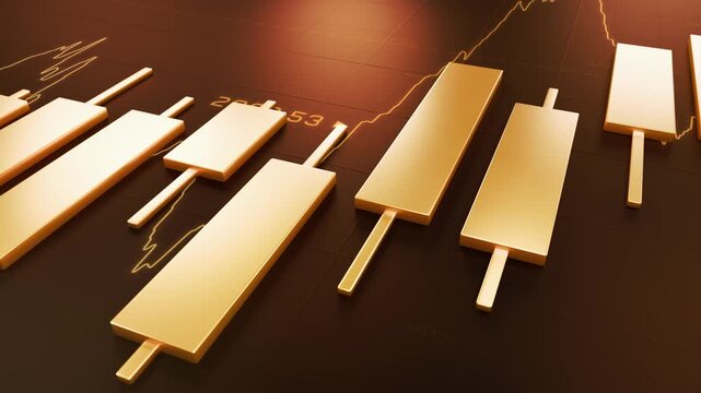 Golden candlestick bar floating with technical line chart, gold trading investment strategy, bullrish commodities market price trend graph, uptrend financial economic growth profit 3d rendering