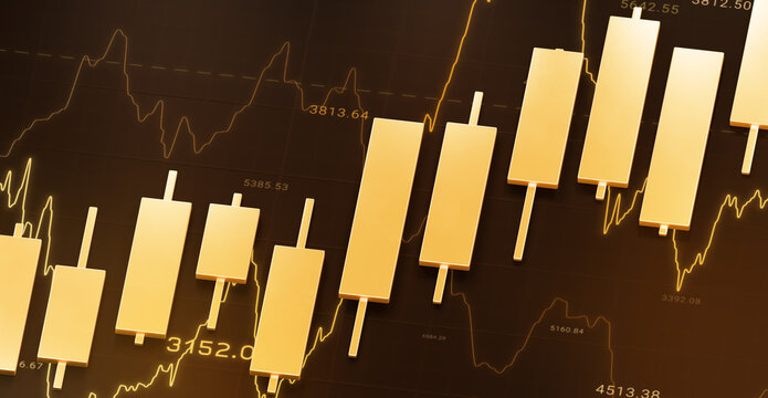 Golden candlestick bar floating with technical line chart, gold trading investment strategy, bullrish commodities market price trend graph, uptrend financial economic growth profit 3d rendering