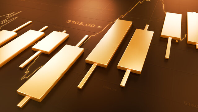 Golden candlestick bar floating with technical line chart, gold trading investment strategy, bullrish commodities market price trend graph, uptrend financial economic growth profit 3d rendering