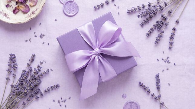 Purple gift box with satin ribbon and dried lavender flowers on linen background