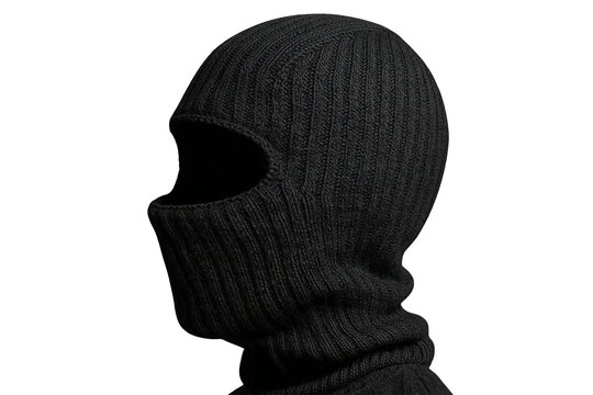 Black balaclava covering head and neck, profile view. Anonymous knitted ski mask costume for disguise or winter warmth
