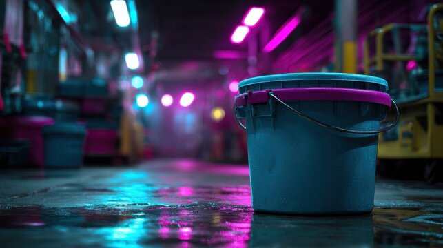 Brightly lit bucket on a wet floor in a factory during evening hours with colorful lights and machinery in the background