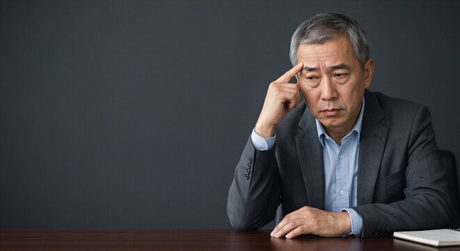 Stressed businessman at desk with headache as workplace pressure and decision fatigue concept
