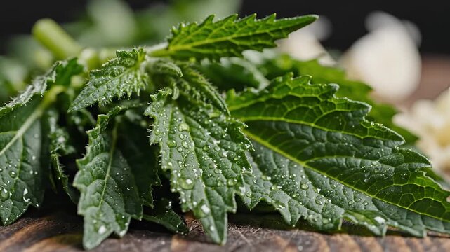 Closeup of fresh green stinging nettle leaves with water droplets on a wooden surface.