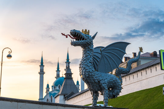 Dragon Zilant - the symbol of the city of Kazan and the Kul Sharif mosque of the Kazan Kremlin. Russia. Summer evening view