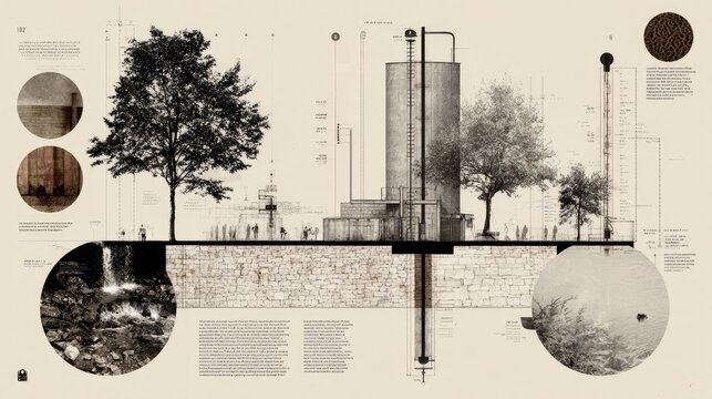 Architectural cross section illustrates integrated natural and built environment systems with detailed notations