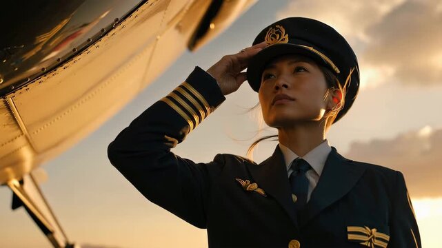 女性が格納庫の縁で機体を確認しながら夕日を受ける場面