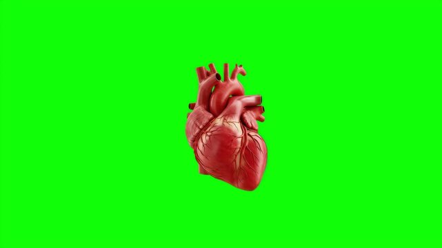 Anatomical Human Heart Beating with Visible Veins and Arteries Isolated on Green Screen Background