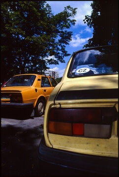Retro cars are parked on the street