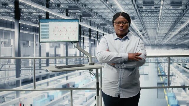 Portrait of woman reviewing microchip smart factory diagnostics to prevent downtime. African american businesswoman studies operational data, doing quality control on semiconductor plant, camera A