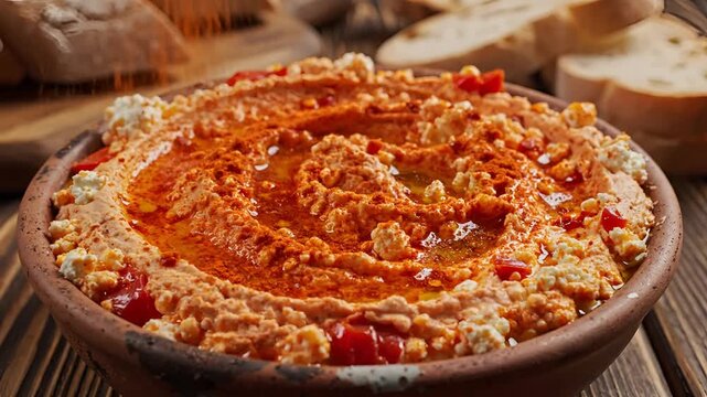 Delicious Hummus with Roasted Red Peppers and Feta Cheese in a Rustic Bowl.