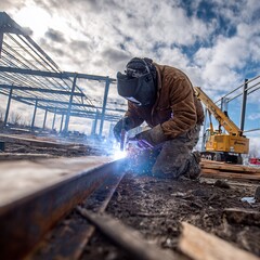 Fototapeta premium Focused construction worker expertly welding metal components on a building site, illuminated by a bright sky, demonstrating skill and precision in industrial work.