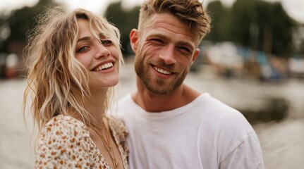 Fototapeta premium Portrait of a happy young couple smiling outdoors. Cheerful man and woman standing together by the water. Romantic relationship and lifestyle concept