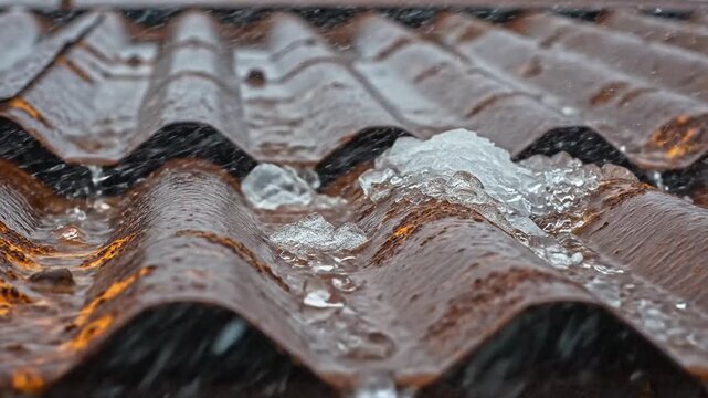 Rain falling on a corrugated metal roof