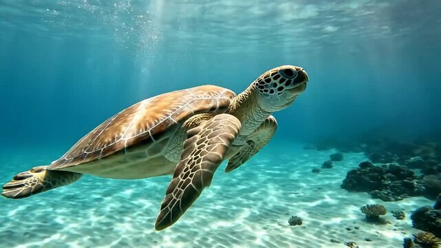 Green Sea Turtle Swimming Gracefully Underwater in Tropical Ocean