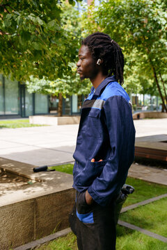 Urban tree maintenance between modern office buildings