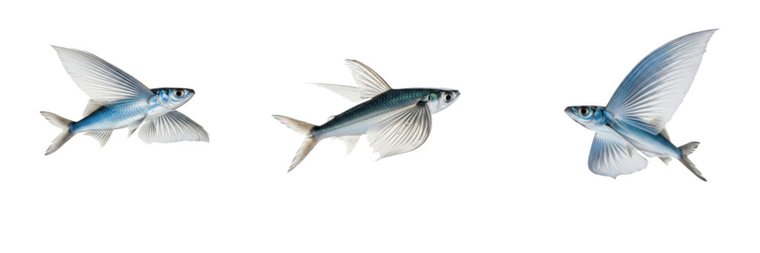 Blue Flying Fish Leap - Exocoetidae - Poisson volant - Pez volador - Winged Marine Fish SEO Title - Small Silver Fish Gliding over Ocean Waves Wildlife Photography - Incredible Nature Flight Photo Art