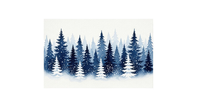Ultra-realistic flat lay photograph of a hand-painted dark blue watercolor winter forest border pattern (16:9) showing realistic paper texture and granulation on a transparent background. Christmas