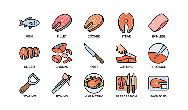 Salmon and fish processing icons showing cuts and tools