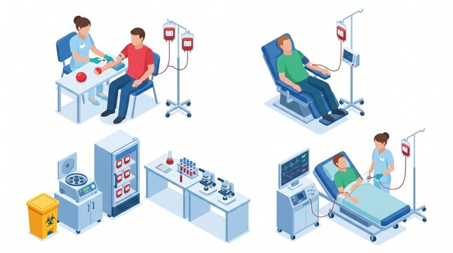 Detailed Isometric Medical Set of Blood Donation and Lab Equipment