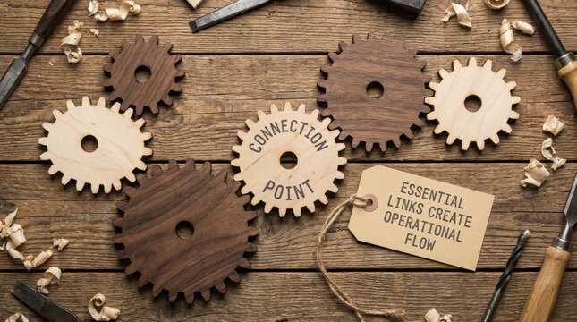 Flat-lay of Wooden Gears and Connection Point Tag