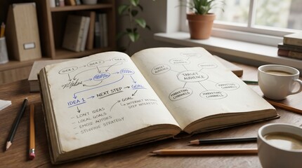 Fototapeta premium Notebook with Rough Sketches and Ideas on Desk