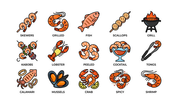 Seafood and shellfish icons showing grilled and served items