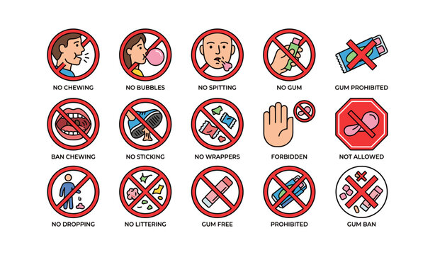 Prohibition icons banning chewing gum on white background