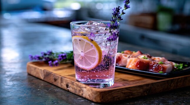 Lavender cocktail with lemon slice in glass on wooden tray. Refreshing purple summer drink garnished with flower herb. Beverage catering concept for restaurant menu or party celebration.
