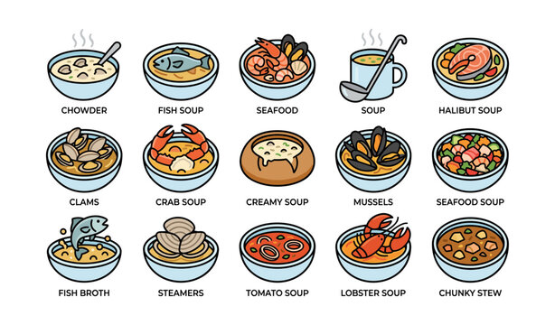 Bowls of various seafood soups and stews shown in grid