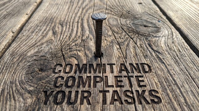 A Single Nail in Wood Surface Showing Commit and Complete Your Tasks