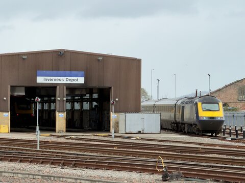 Inverness train maintenance depot showing steel railway lines heading in to Inverness station. A key local engineering source of emplyment in the highlands of Scotland. 