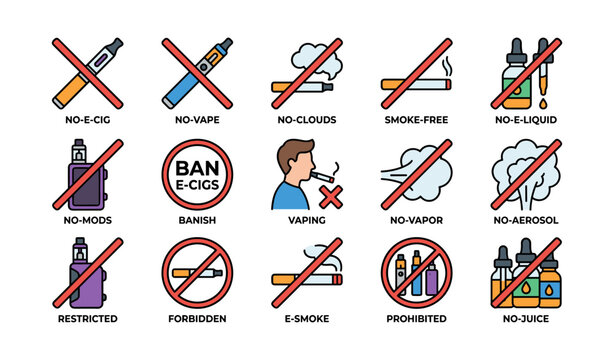 Vape and smoke prohibition icons arranged in a grid