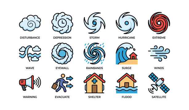 Storm and emergency icons depicting hurricane impacts and flood risk