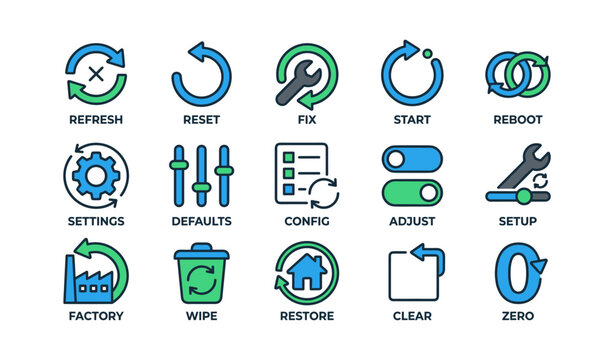 Reset and maintenance icons arranged in grid on white background