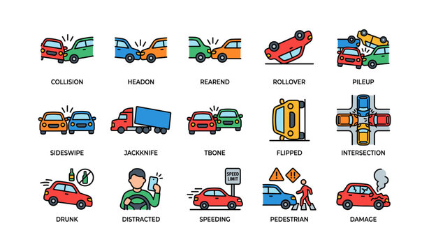 Car crash icons showing collision types and road hazards