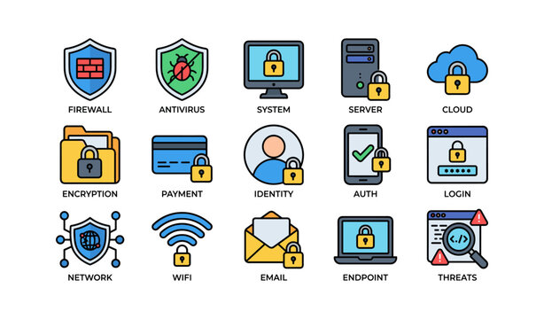 Security and encryption icons arranged in grid on white background