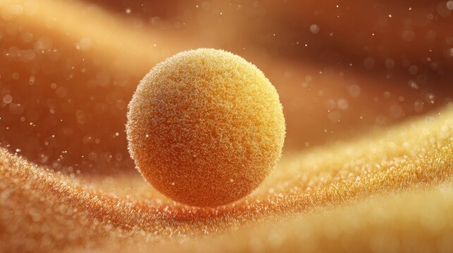 Round yellow sphere on a soft surface with tiny particles surrounding it in a bright setting during the daytime