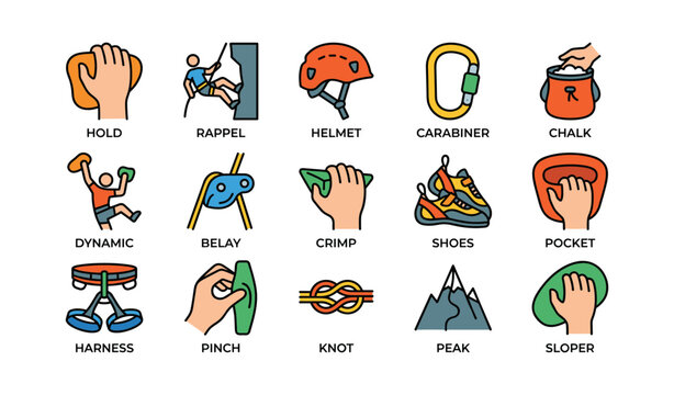 Rock climbing icons showing gear grips and techniques grid