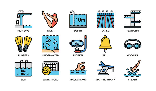 Swimming and diving icons showing pool equipment and actions