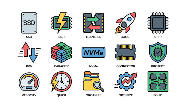 Storage and speed technology icons arranged on white background