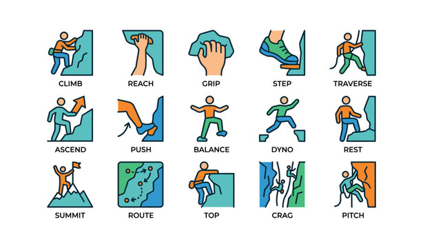 Rock climbing icons showing techniques, movements and routes