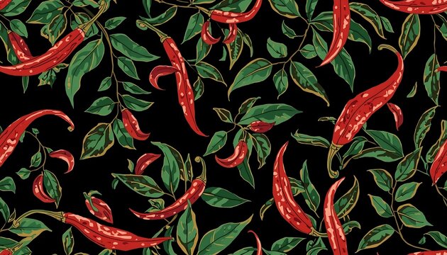 A dynamic seamless pattern filled with red chili peppers and green leaves scattered across a black background.