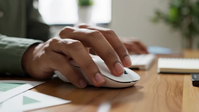 Closeup of hands using a white wireless computer mouse on a wooden desk