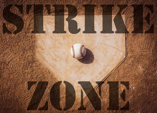 Baseball on home plate with strike zone text