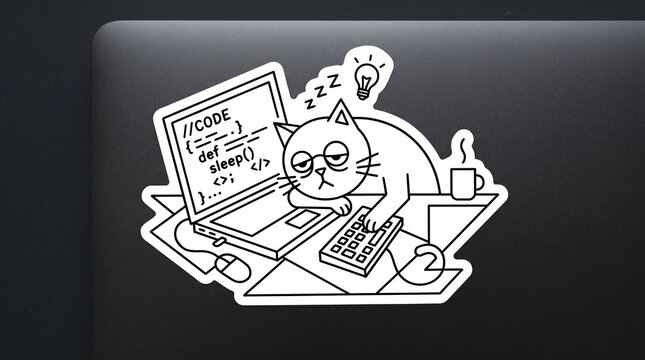 Tired programmer cat staring at glowing code