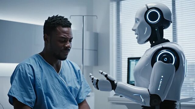 AI Robot Doctor Consults with Male Patient in Medical Examination Room