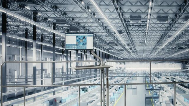 Simulation software on display in empty microchip industry 4.0 plant used to develop advanced electronics. Automation program technology on monitor used to optimize semiconductor design
